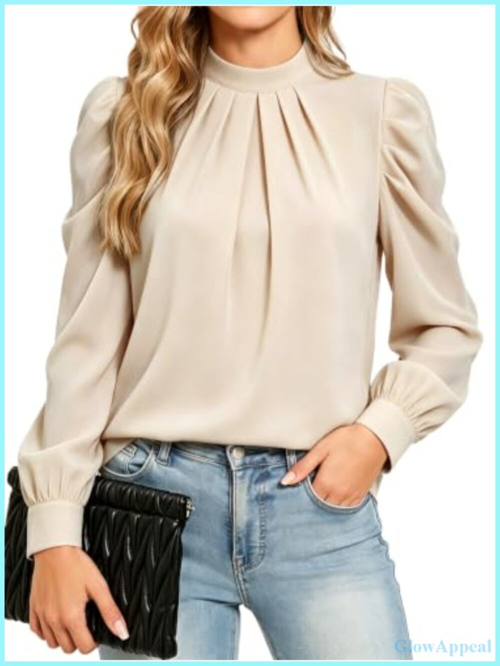 Women's Puff Long Sleeve Mock Neck Chiffon Blouse Dressy Casual Top